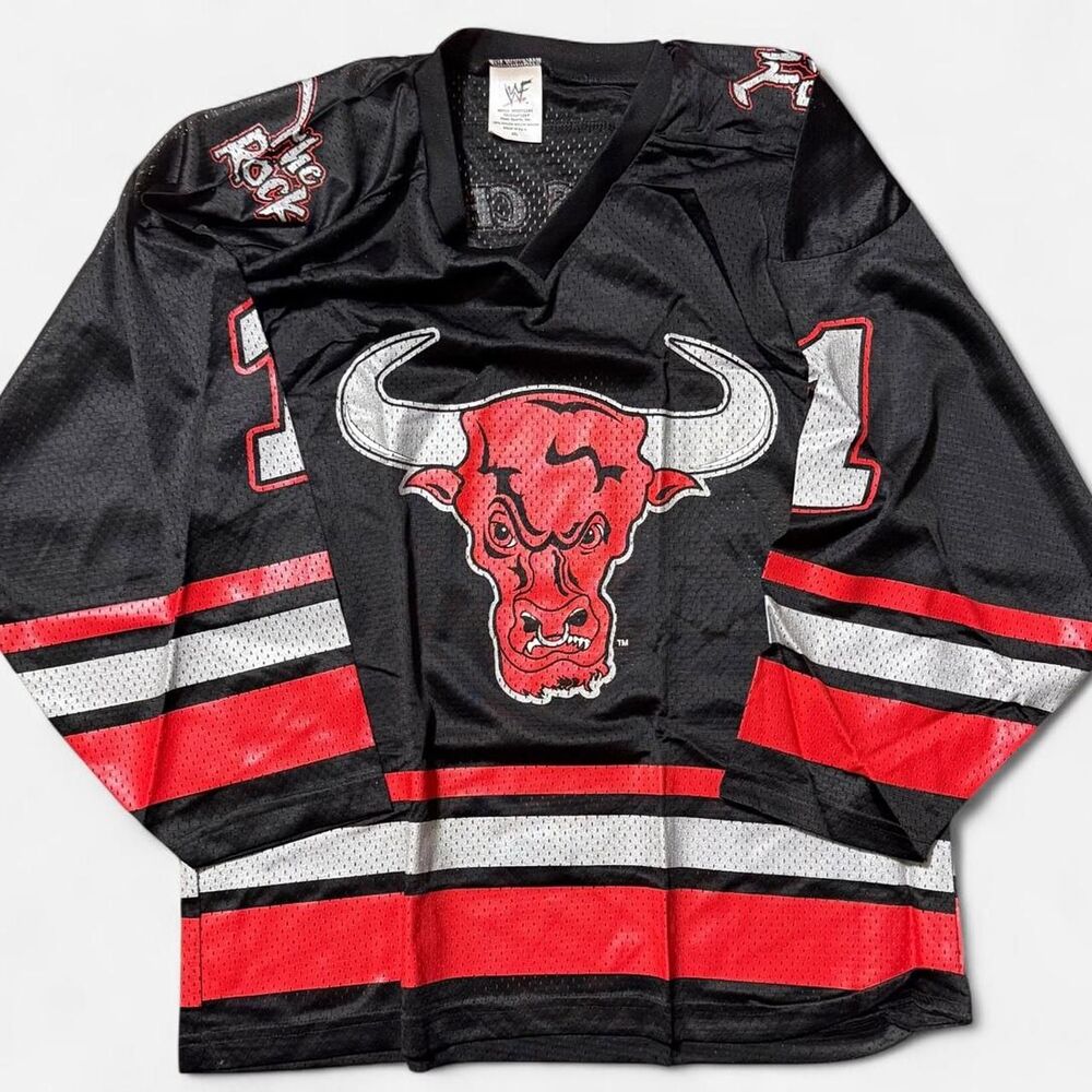 Vintage 90s The Rock WWF Bramah Bull Hockey Jersey 1999 Made in USA